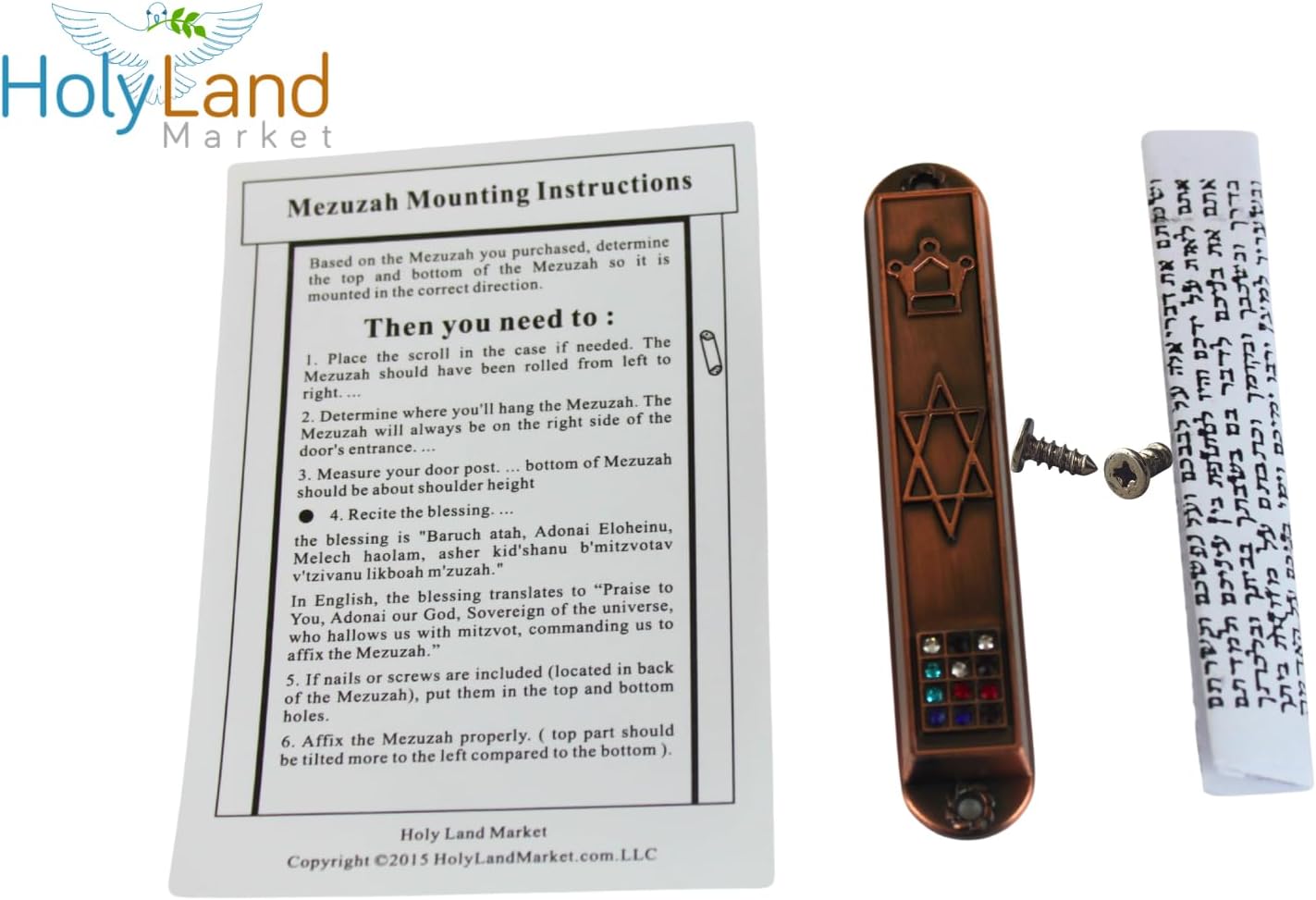 Holy Land Market A Set of 5 Clean and Smooth Cut Mezuzahs Symbols with Different enameled Themes. Each is About 3.5 Inches and Comes with Scrolls and Screws for Hanging (Copper)
