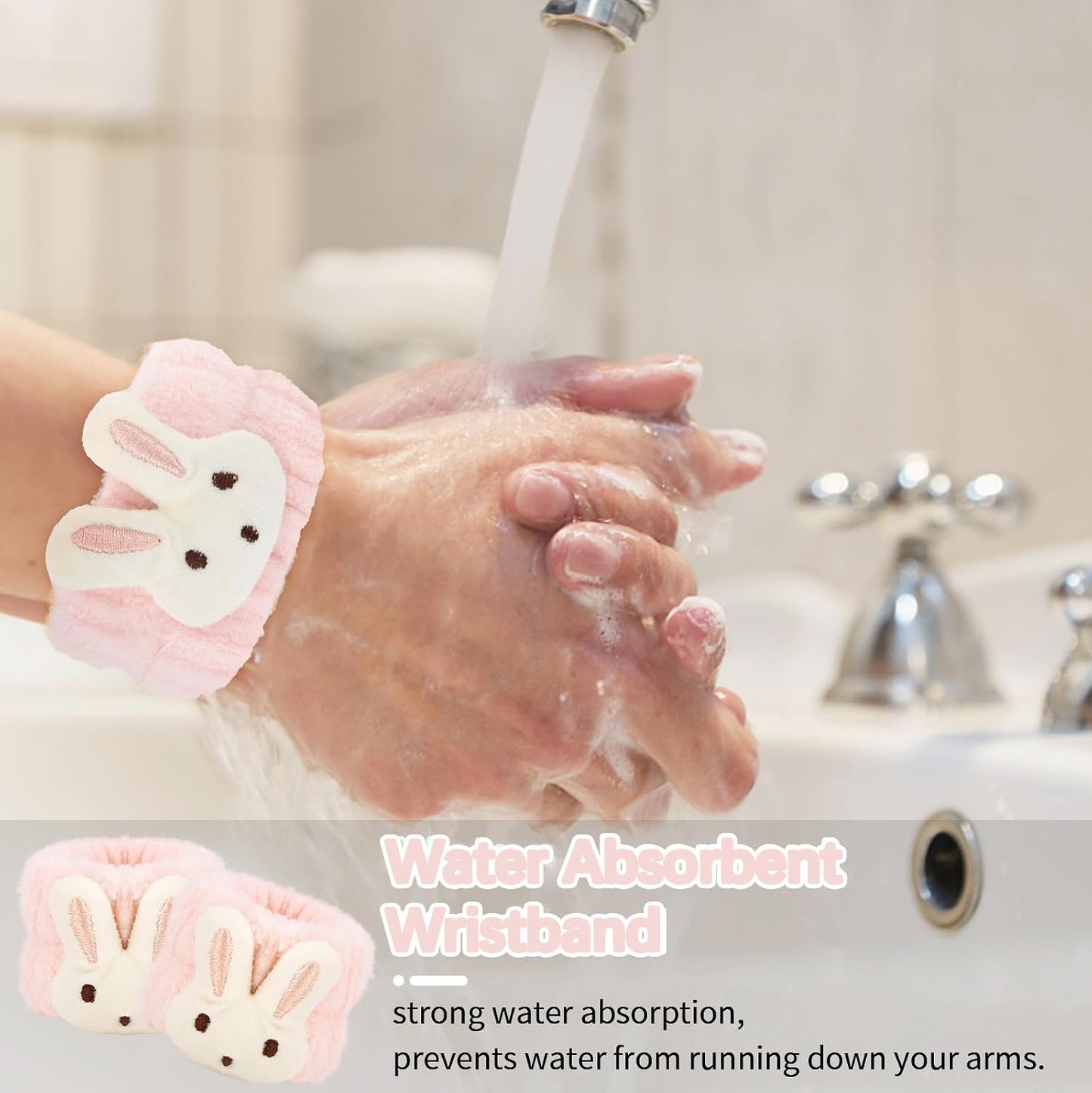 WHAVEL 3PCS Face Wash Headband and Wristband Set, Cute Rabbit Ears Headband for Washing Face Makeup Head band Wrist Towels Arm Bands (pink)