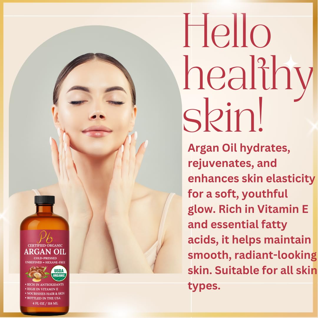 Argan Oil – 100% Pure, Cold-Pressed & Unrefined USDA Organic Moroccan Argan Oil for Hair, Face & Skin, Organic Argan Oil Hair Treatment for Dry, Damaged Hair- 4 Fl Oz Glass Bottle with Dropper