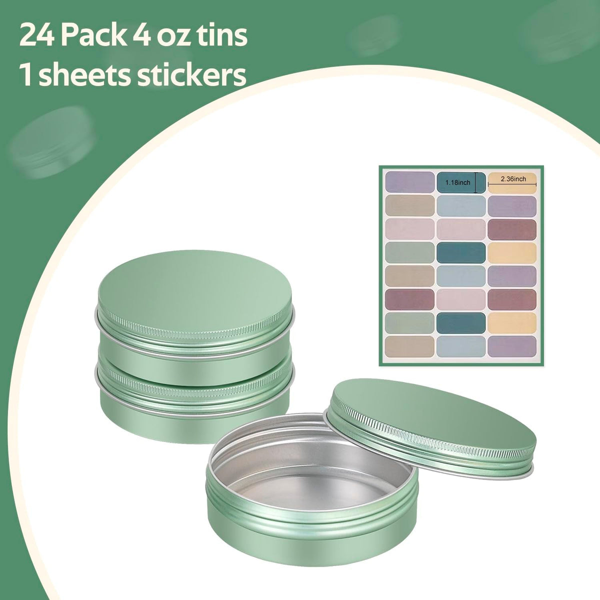 YQ 24 Pack 4 oz Tins for Salves, Salve Tins with Lids and Labels, Round Aluminum Metal Tin with Lids, Empty 4oz Tin Containers Food Storage Containers for Cosmetic, Balm, Candle, Candy(Light Green)