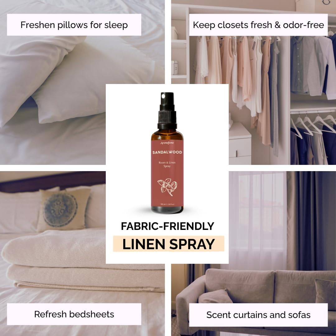 Sandalwood Room, Linen & Pillow Spray by Aromafume | 100ml/3.38 fl oz | with Pure Sandalwood Essential Oil | Aromatherapy Spray for Relaxation, Sleep & Stress Relief | Mist for Bedding, Fabrics