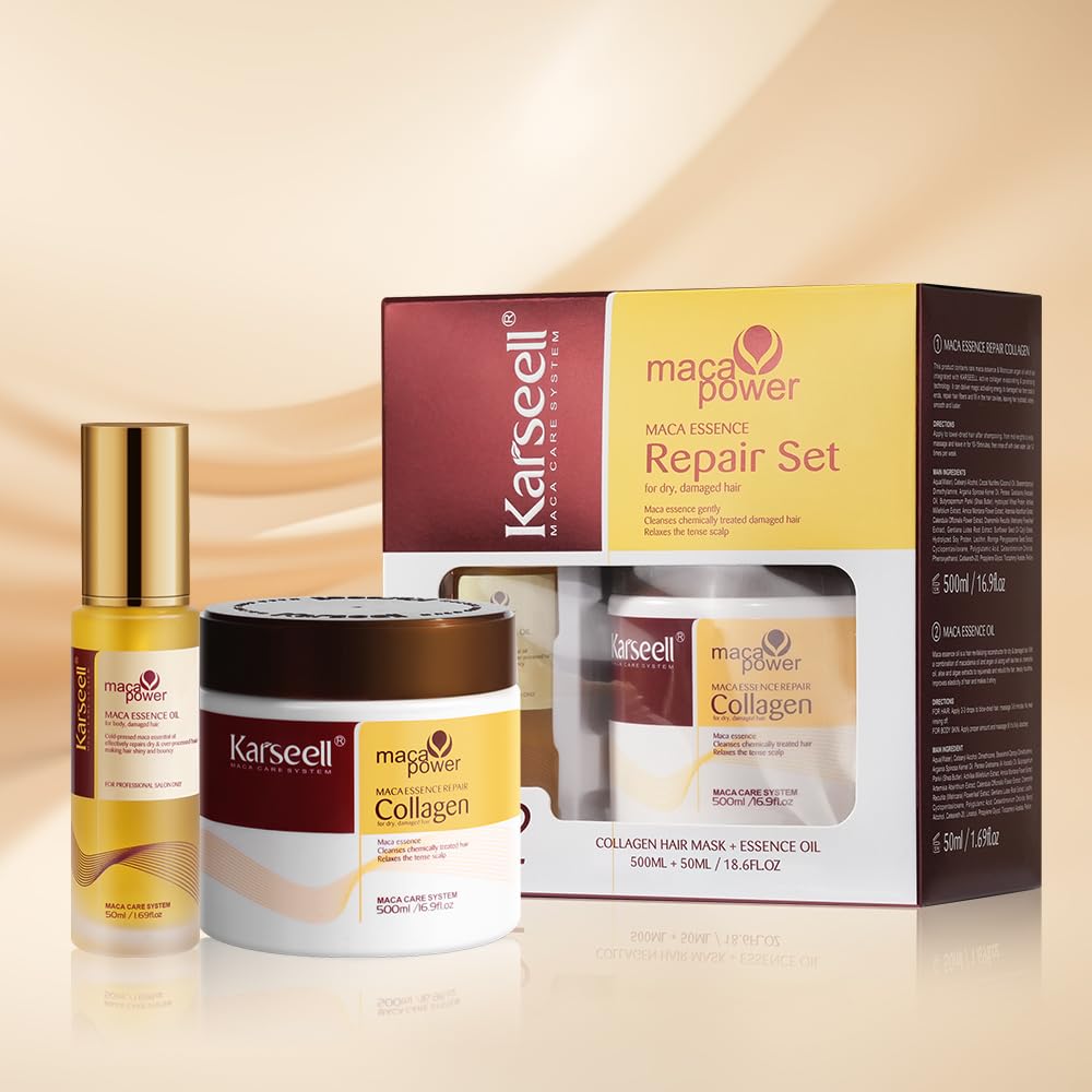 Karseell Collagen Hair Mask & Argan Oil Set, Deep Conditioning Hair Treatment for Dry Damaged Hair, Repair & Moisturize All Hair Types, 16.9 fl oz + 1.69 fl oz