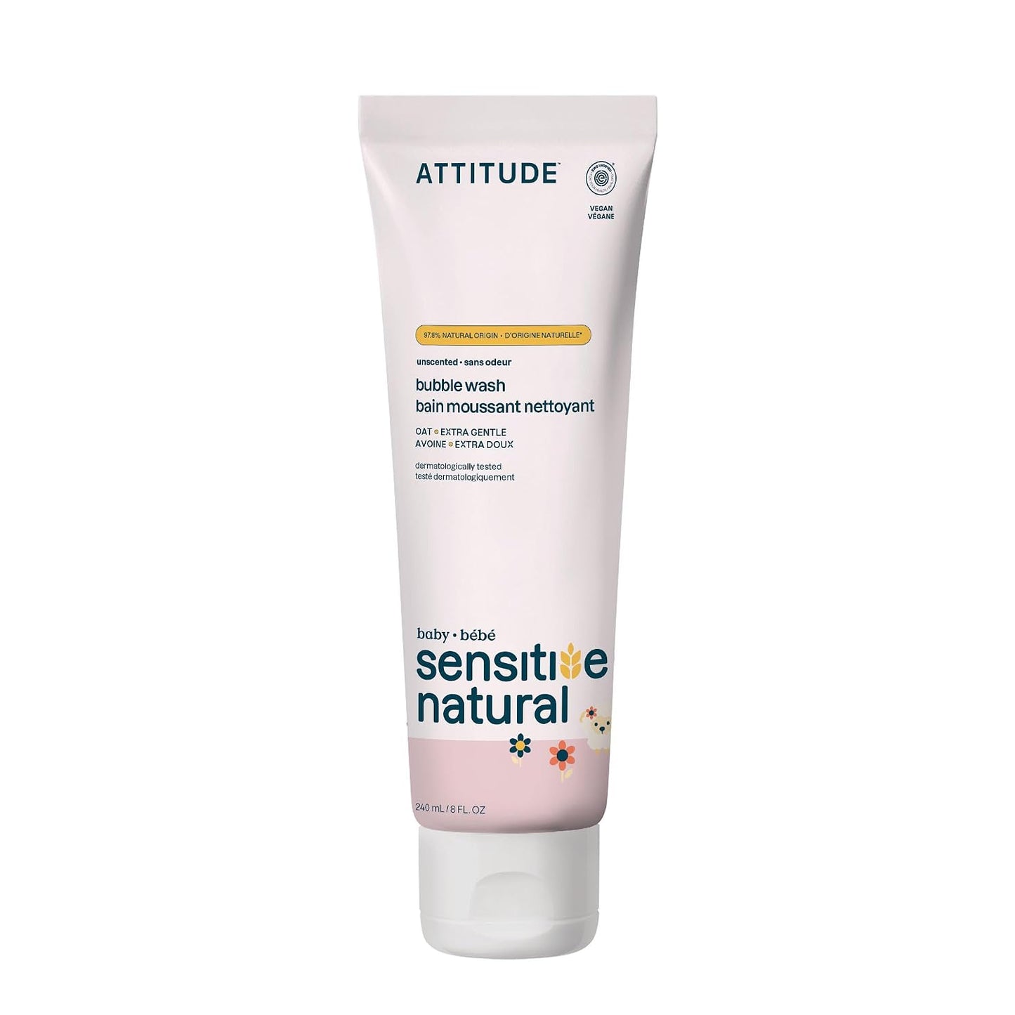 Attitude Bubble Body Wash for Baby, EWG Verified, Extra Gentle, Enriched with Oatmeal, Dermatologically Tested, Plant and Mineral-Based, Vegan, Unscented, 8 Fl Oz