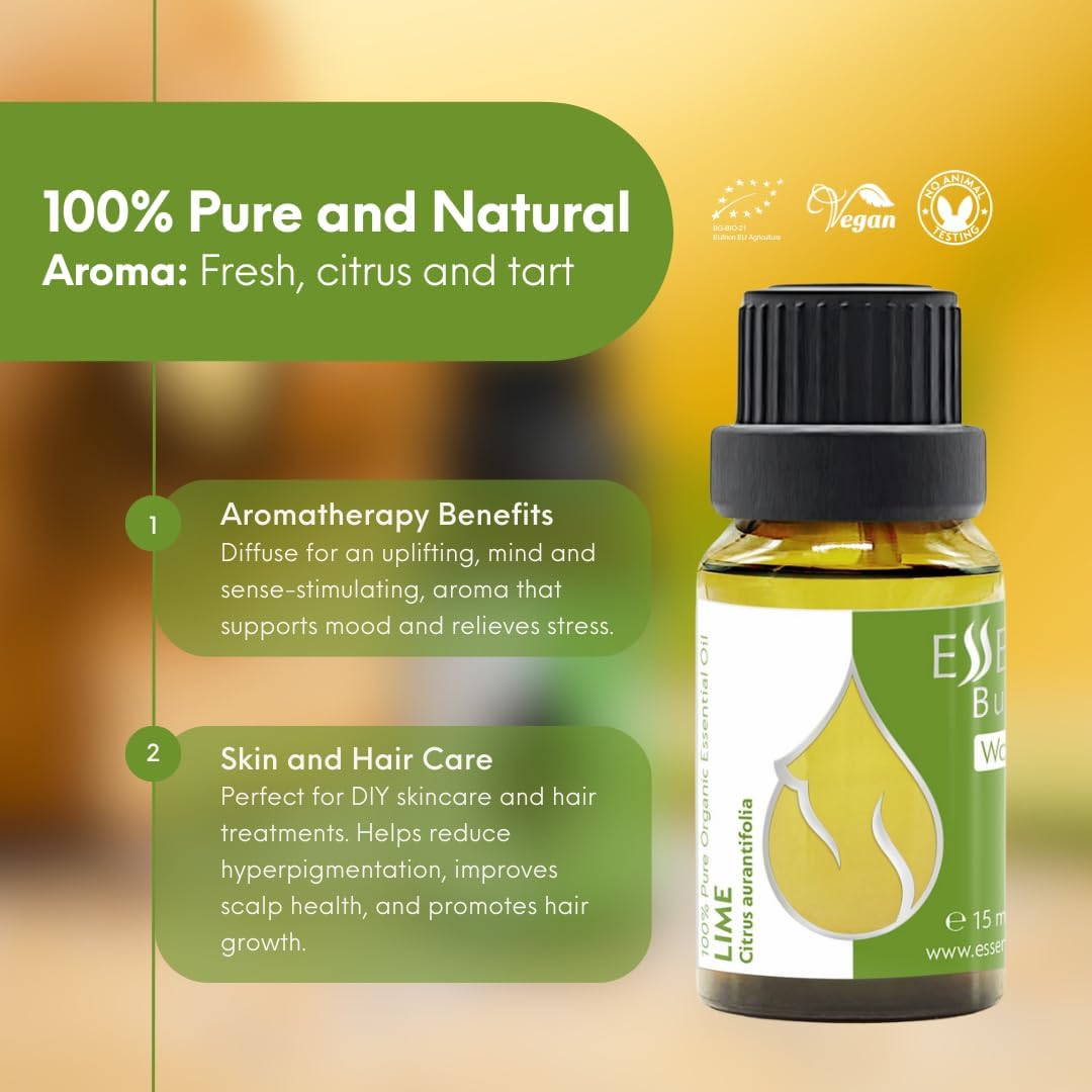 Essences Bulgaria Organic Lime Essential Oil 0.51 Fl Oz 15ml Citrus aurantifolia - 100% Pure Natural Undiluted Therapeutic Grade for Aromatherapy Oil Diffuser Humidifier Hair Growth Skin Care Oil