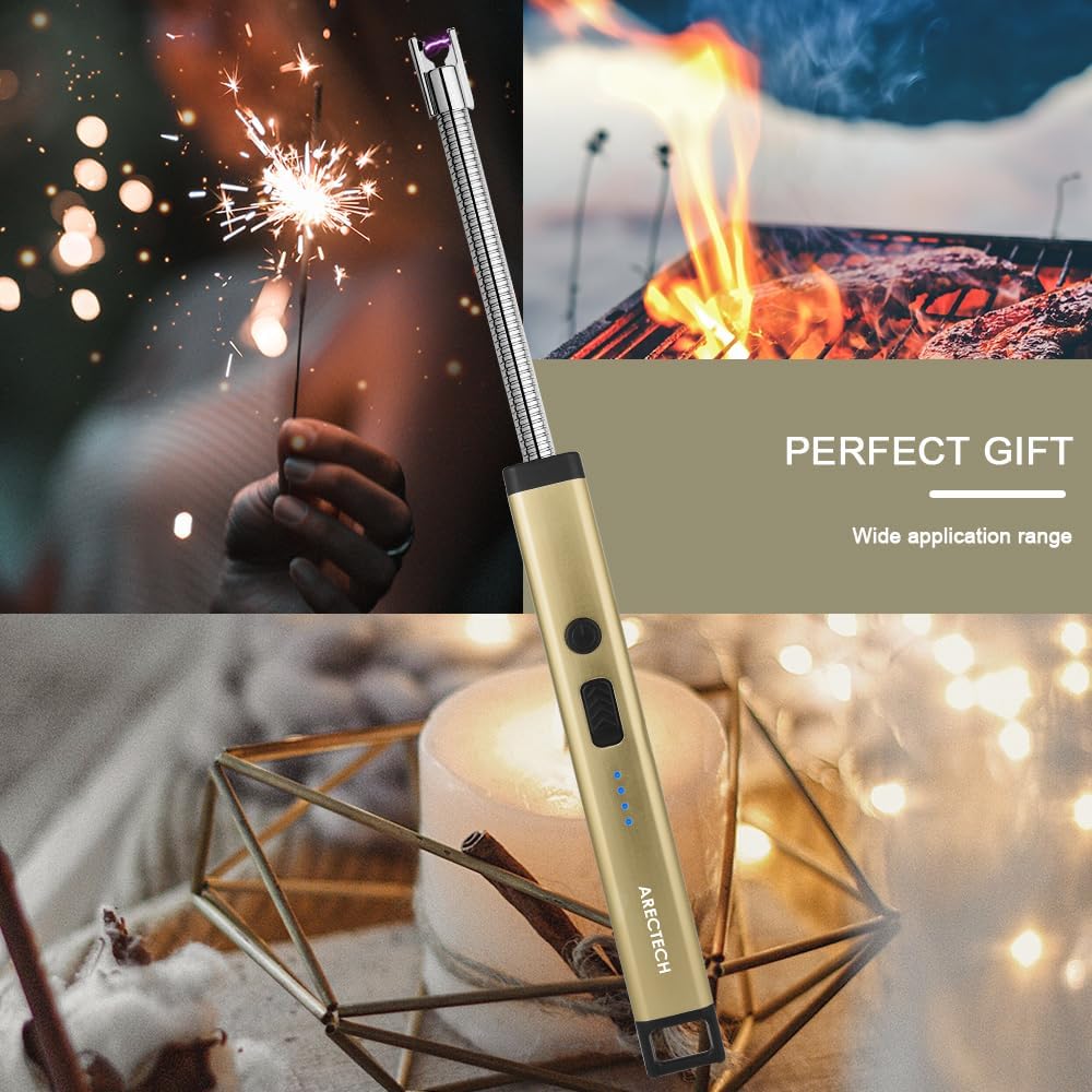 ARECTECH Candle Electric Lighter Rechargeable USB Arc Lighter for Candle Camping Fireworks Christmas Birthday Gifts with LED Light for Men Women Gold