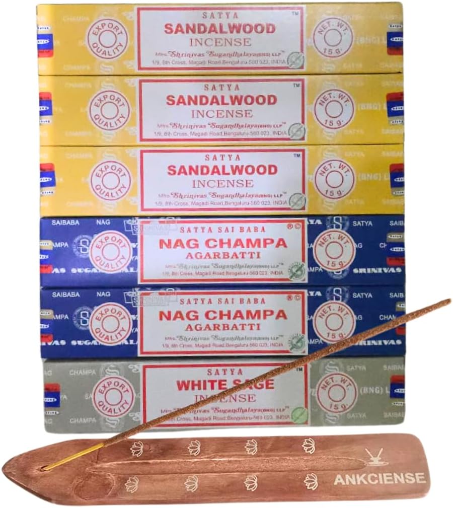 Satya Sandalwood, Nag Champa & White Sage with ANKCIENSE Incense Holder Pack of 3 fragrances Variety Pack of 90 Sticks Satya Nagchampa Natural Incense Insense Insence