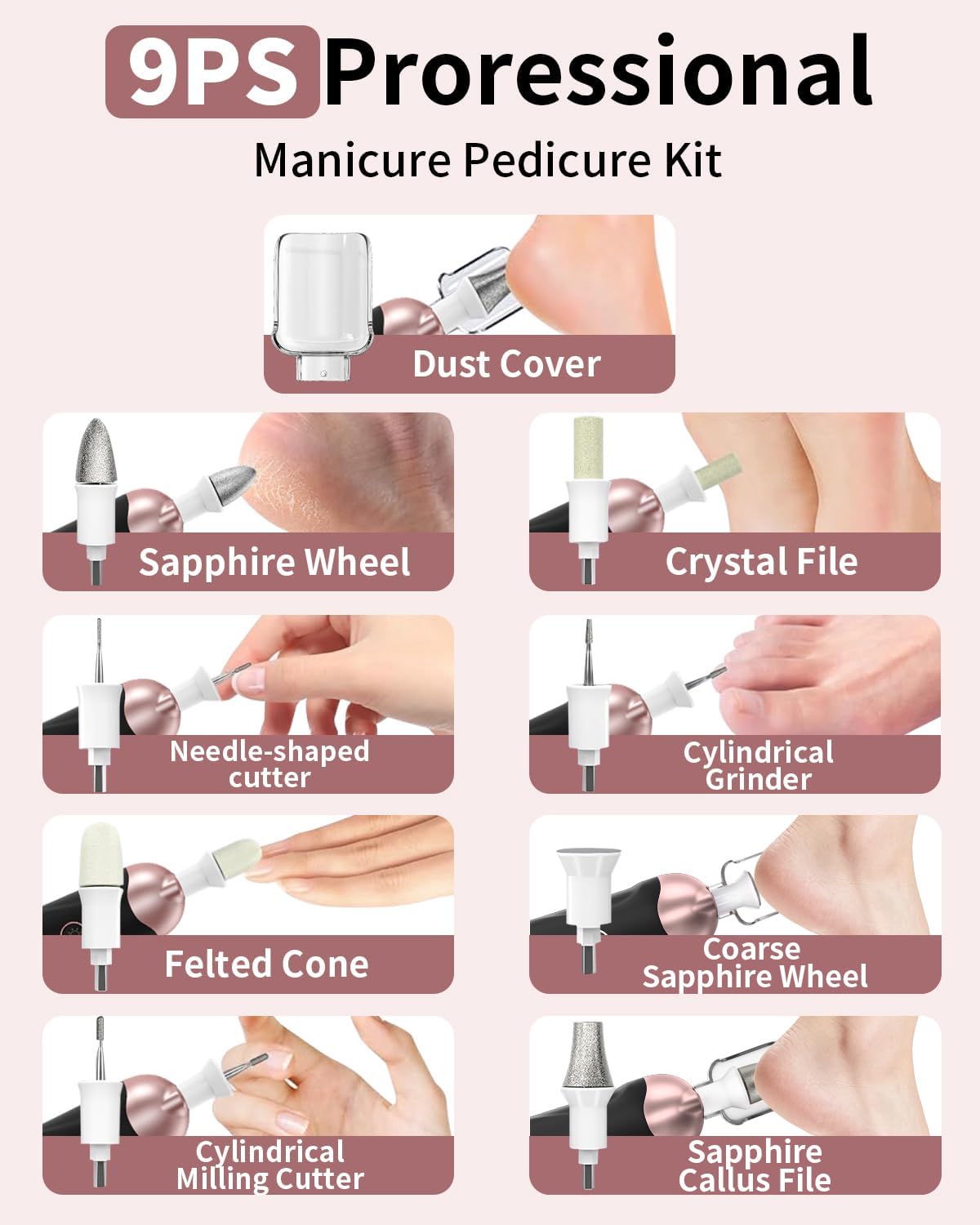 Professional Manicure Pedicure Kit, Cordless Electric Nail File Set, Rechargeable Pedicure Tools for feet, 5 Speeds Hand Foot Care Nail Drill for Thick Nail Toenail Cuticle Women Men Baby Pets