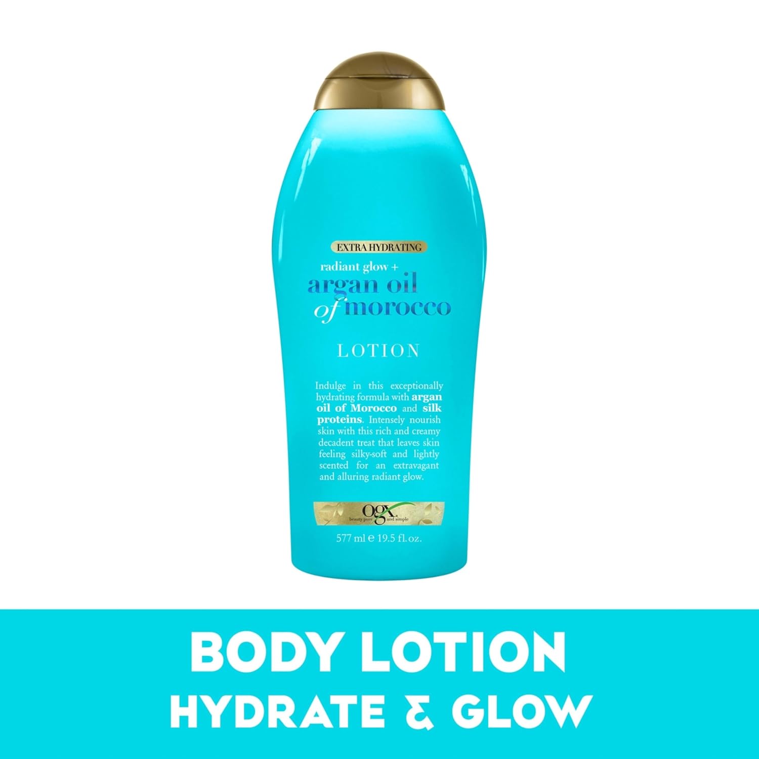 OGX Radiant Glow + Argan Oil of Morocco Extra Hydrating Body Lotion for Dry Skin, Nourishing Creamy Body & Hand Cream for Silky Soft Skin, Paraben-Free, Sulfated-Surfactants Free, 19.5 Ounce