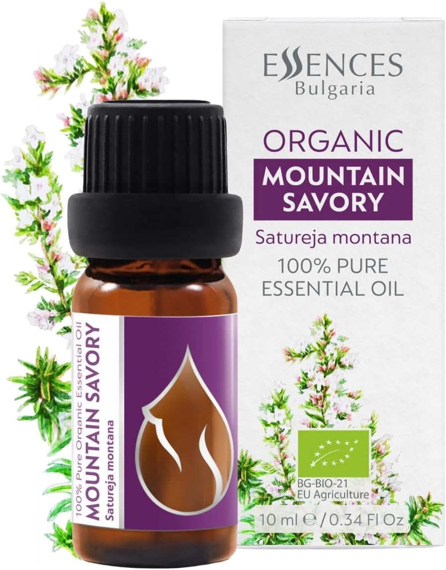 Essences Bulgaria Organic Mountain Savory Essential Oil 1/3 Fl Oz | 10ml | Satureja Montana | 100% Pure and Natural | Undiluted | Therapeutic Grade | Family Owned Farm | Steam-Distilled | Non-GMO