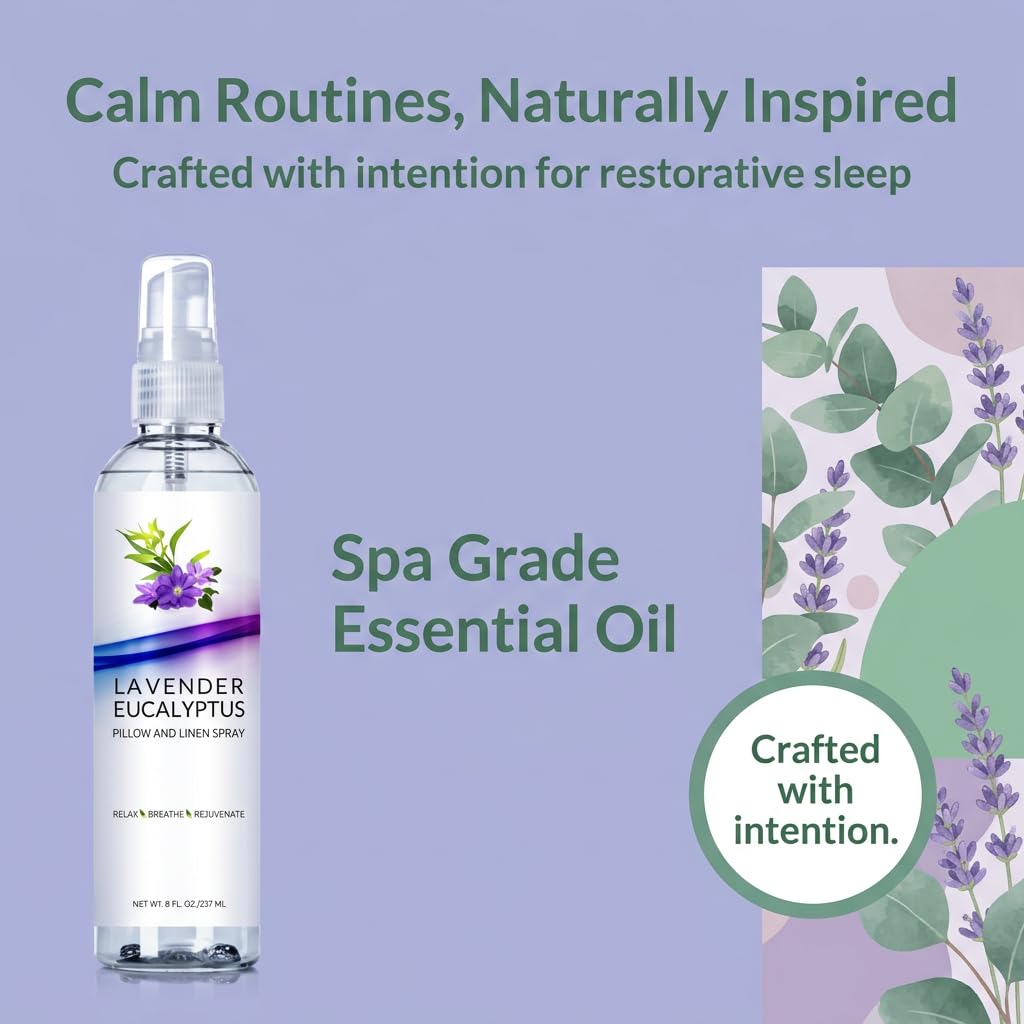 Lavender Eucalyptus Pillow Spray, Aromatherapy Linen & Bedding Mist, Natural Essential Oil Room Spritz for Relaxation, Stress and Air Freshener, Fabric Refresher for Calm Sleeping