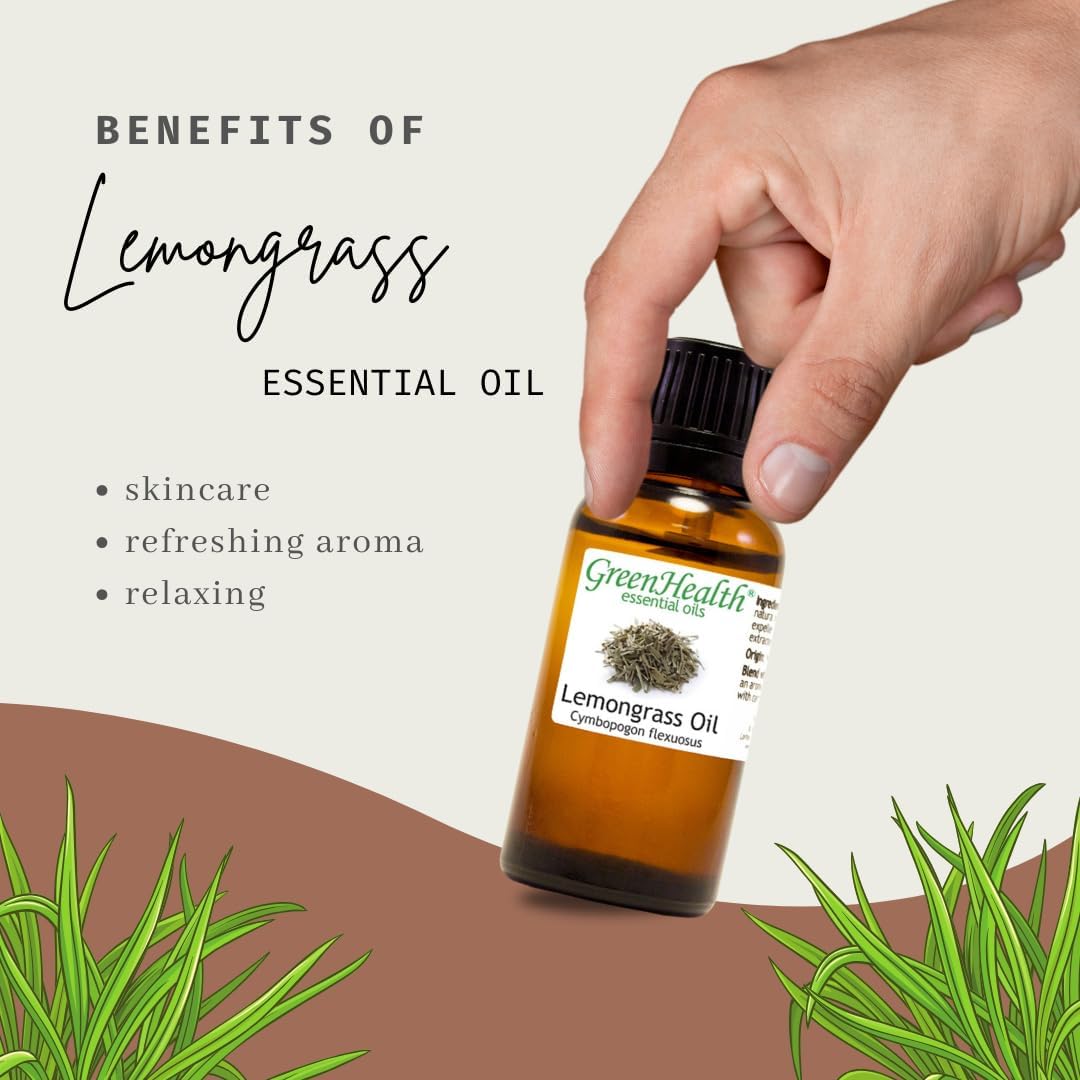 GreenHealth Lemongrass - 1/2 fl oz (15 ml) Glass Bottle - 100% Pure Essential Oil