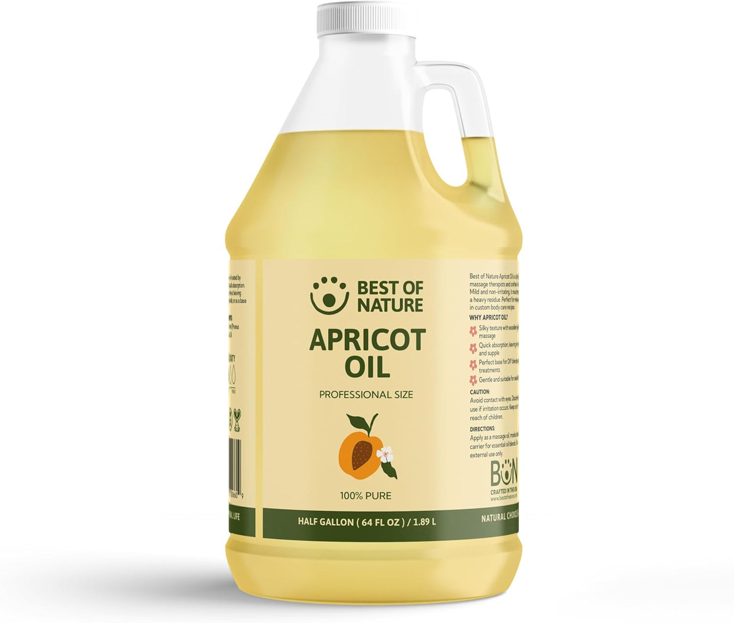 Best of Nature 100% Pure Apricot Oil – Lightweight Massage & Body Oil, Unscented Moisturizer for Hair, Skin, Face, Ideal Carrier Oil for Essential Oils, Half Gallon (64 fl oz)
