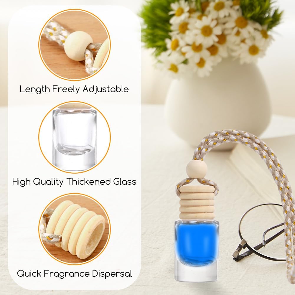 5 Pcs 5ml0.17oz Empty Hanging Car Air Freshener Diffusers Clear Glass Essential Oil Aromatherapy Pendant Vials with Wooden Caps and String Refillable Perfume Bottles for Fragrance