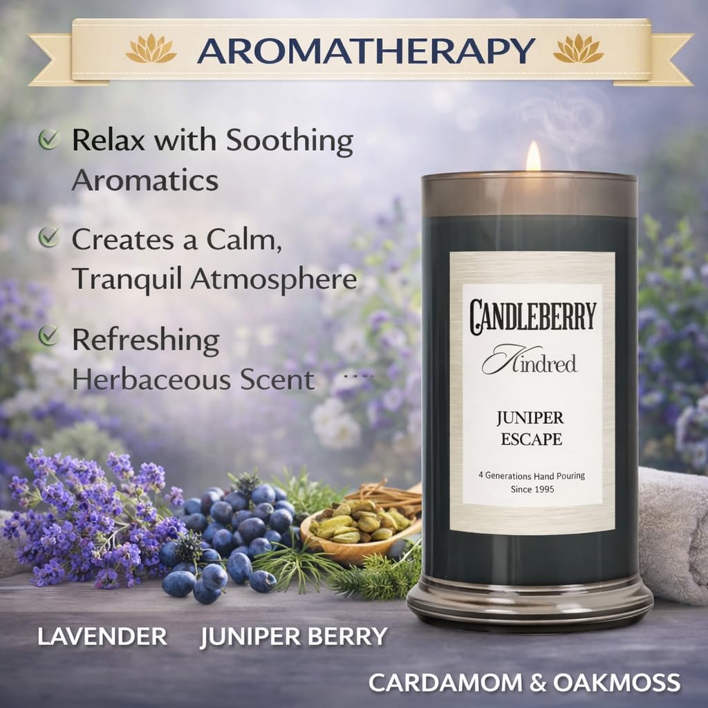 Candleberry Candles Kindred Tropical Citrus Collection | Luxury Glass Jar | USA Hand Poured Soy Blend Candle | Highly Scented & Long Lasting | Up to 90 hour Burn Time (Juniper Escape)