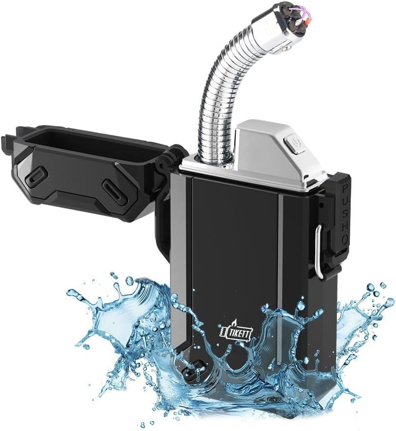 Dual Arc USB Rechargeable Electric Camp Lighter with Retractable Flexible Long Neck Waterproof Windproof Lighter for Outdoor, Grill and Candle (Black)