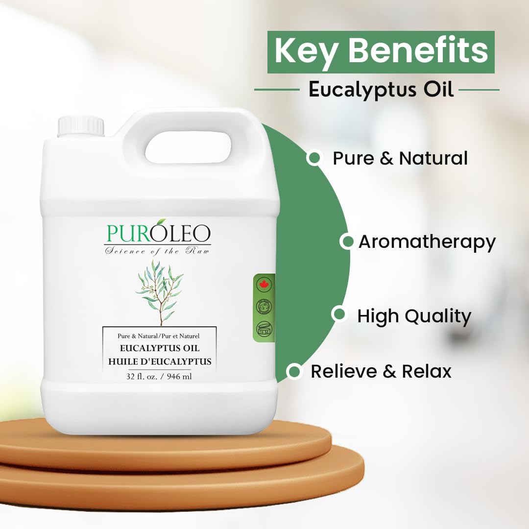 PUROLEO Eucalyptus Essential Oil 32 Fl Oz/946 ML (Packed in Canada) 100% Pure | Natural Aromatherapy Oil for Diffuser, Massage