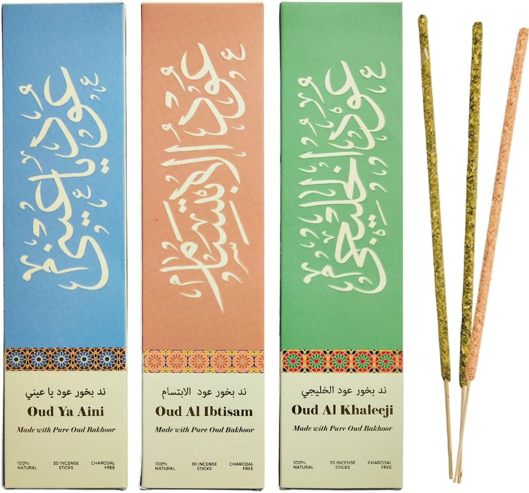 Arabian Oudh Incense Sticks by Dukhni – 90 Premium Agarwood Oud Sticks | 3 Assorted Oudh Fragrances | Organic & Charcoal Free Incense I Long-Lasting Fragrance for Home, Meditation & Relaxation
