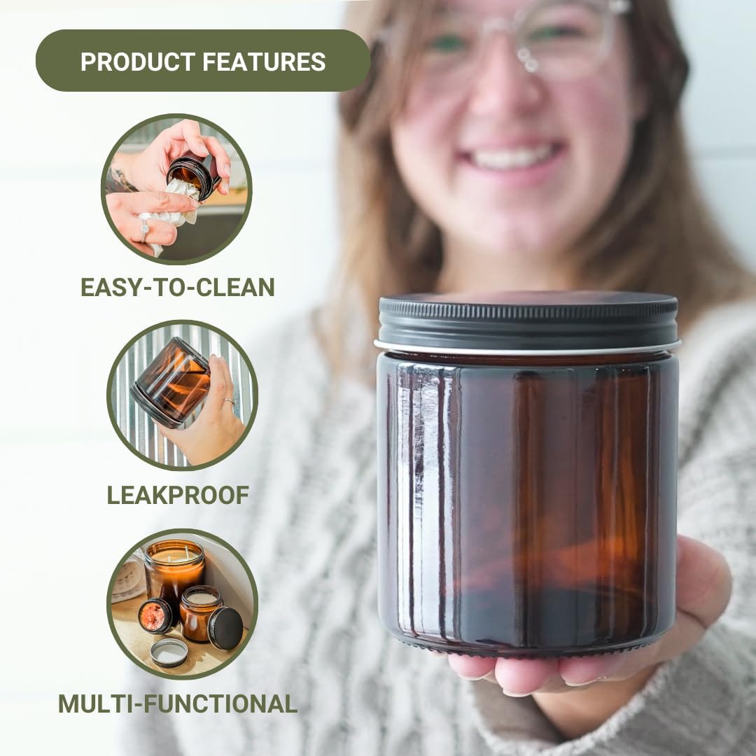 Glass Amber 16oz Jar - 12 Packs, Lead-Free Empty Round Jars For Beauty Products, Lotion, and Powders - Black Lid - Small Candle Jars