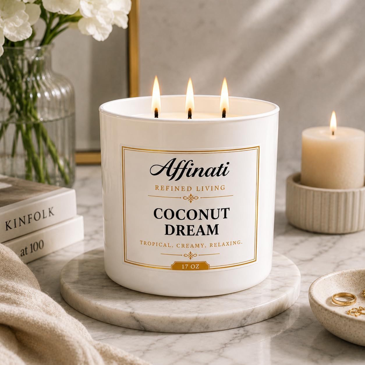Affinati Coconut Dream 3-Wick Scented Candle – Large Soy Blend Candle, Strong Scent Throw Sweet Creamy Paradise Tropical Vibe Candle, Premium Clean Burning Aromatherapy Gift