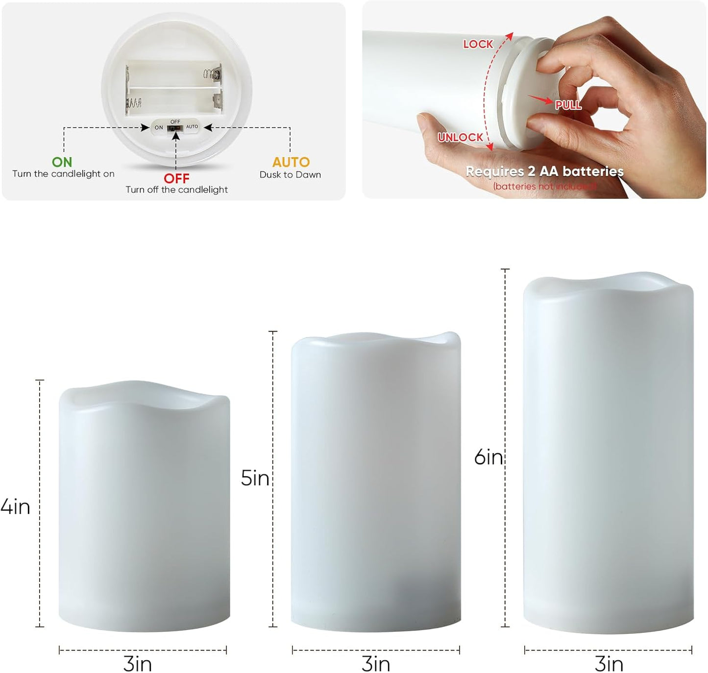 Amagic Flameless Candles Dusk to Dawn Sensor, Outdoor Waterproof Candles Battery Operated, Auto On/Off Flickering Fake LED Pillar Candle for Patio, Yard, Porch, Entryway, Lantern Decor, D3” x H4”5”6”