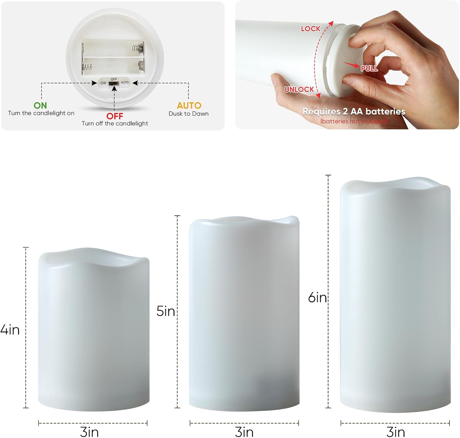 Amagic Flameless Candles Dusk to Dawn Sensor, Outdoor Waterproof Candles Battery Operated, Auto On/Off Flickering Fake LED Pillar Candle for Patio, Yard, Porch, Entryway, Lantern Decor, D3” x H4”5”6”