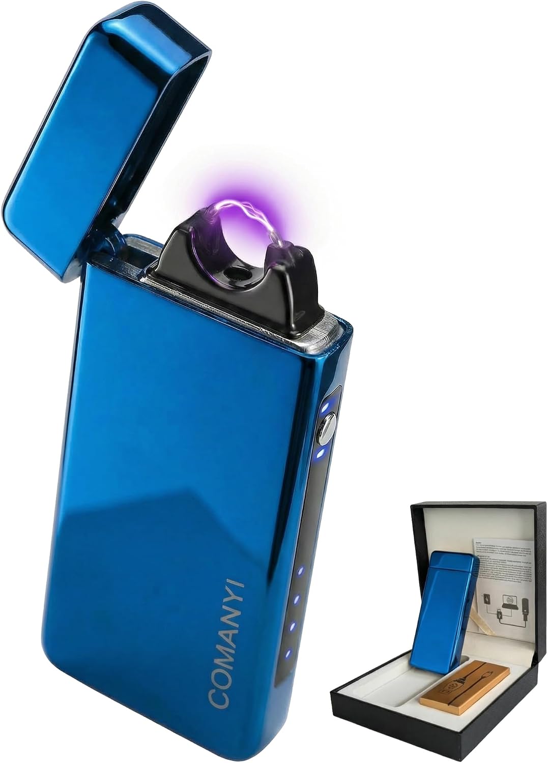 Electric Lighter USB Rechargeable Plasma Lighter, with Windproof High Power Arc Mirror-Polished Metal Ice Touch Surface, with Gift Box, for Outdoor Travel Grill BBQ Candle (Blue)