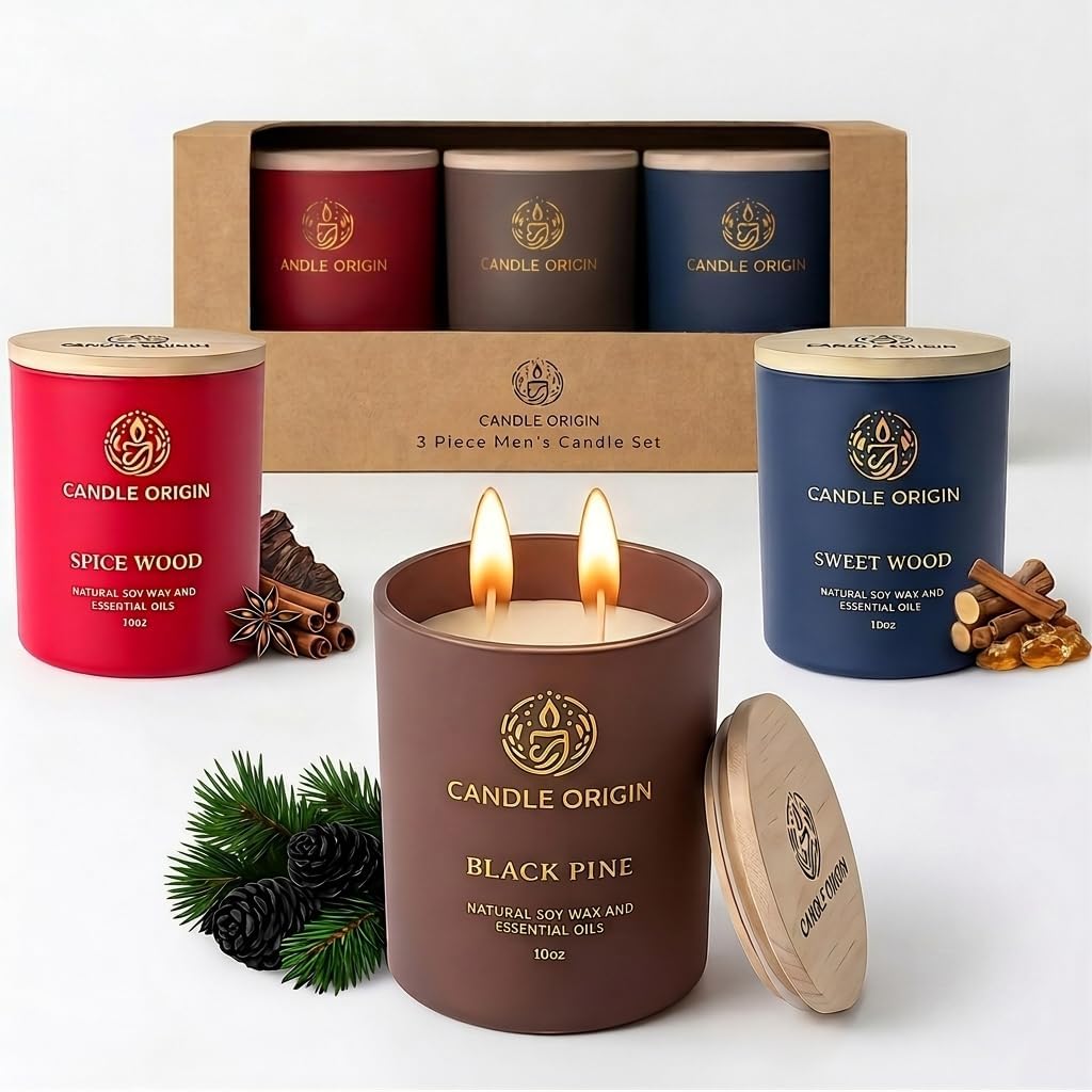 Candles for Men - 3×10 oz Scented Candles Premium Gift Set for Men - Natural Soy Wax - Clean Burning Aromatherapy for Him - Masculine Decor for Home, Apartment, Office, Man Cave
