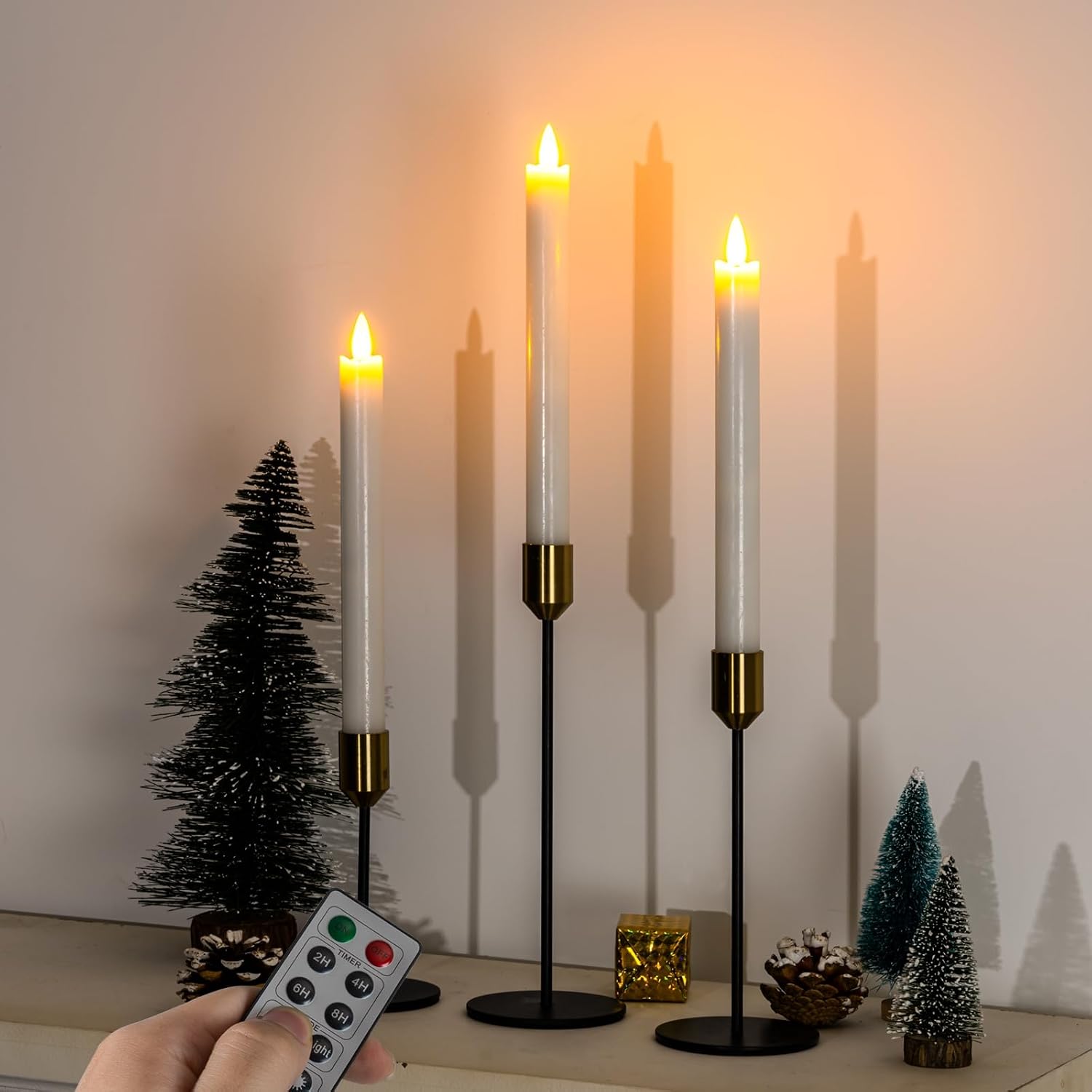 Homemory Waxy Flameless Taper Candles with Remote Timer Dimmer, Battery Operated Candlesticks Flickering, LED Window Candles Realistic, 9.6 Inches for Christmas Wedding Indoor Decor, White, 6 Pcs