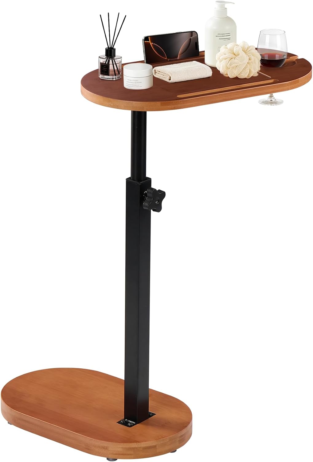Bamboo Bathtub Side Table, 360° Swivel Height Adjustable Freestanding Bath Caddy Tray Organizer with 5 Storage, Luxury Home Spa Bathroom Essential (Walnut)