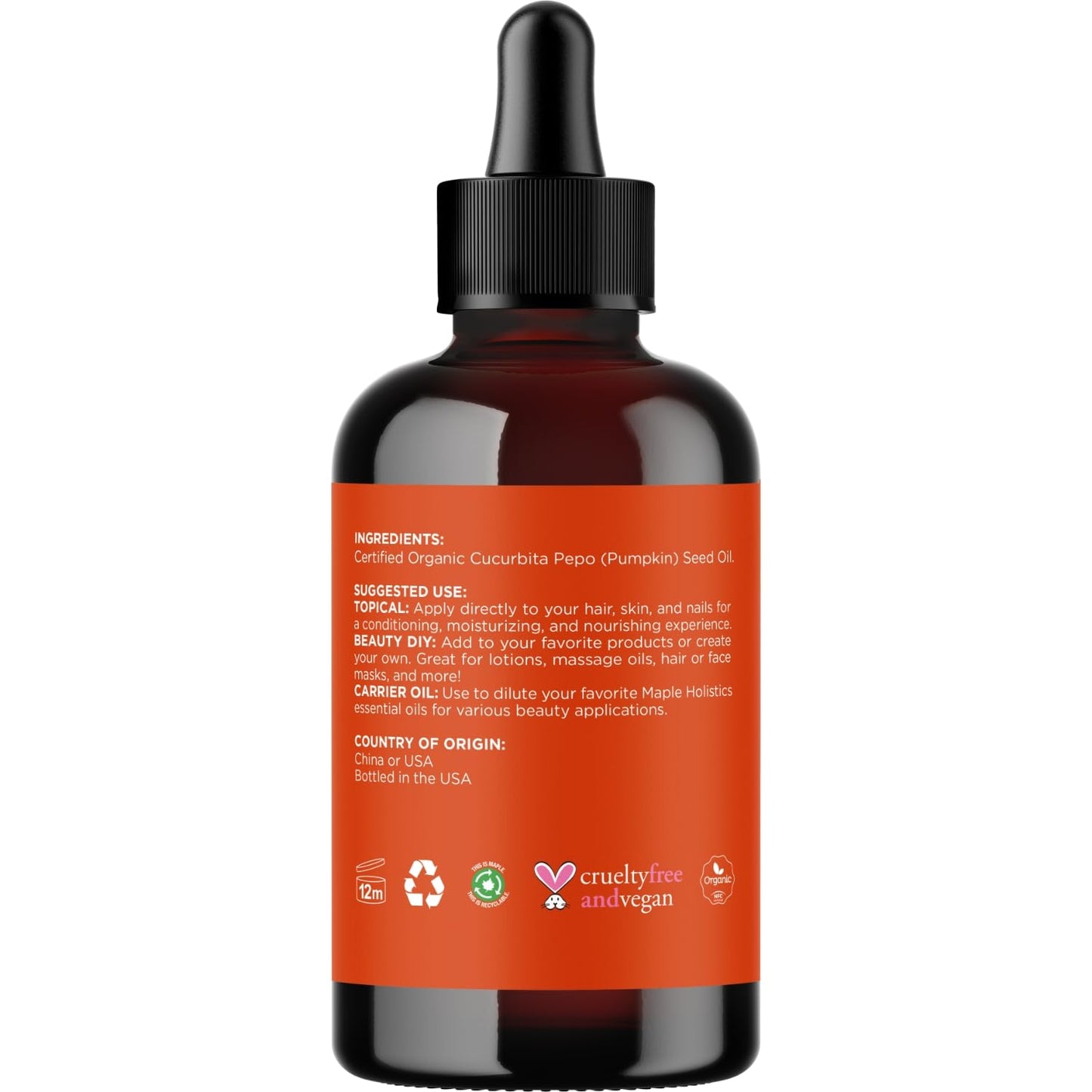 Maple Holistics Pumpkin Seed Oil Organic Certified - 100% Pure Organic Pumpkin Seed Oil for Hair and Anti Aging Face Oil - USDA Organic for Dry Hair and Volume - Virgin Cold Pressed & Unrefined (4oz)
