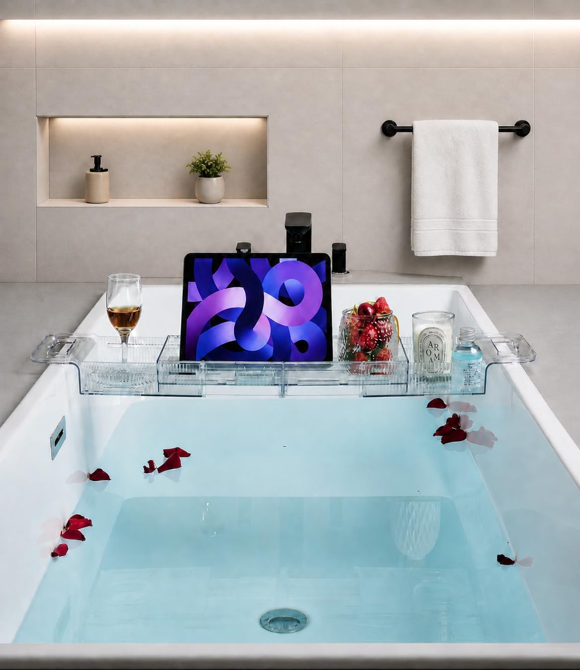 Bathtub Caddy Tray,Adjustable Bathtub Tray Table, Bath Organizer for Relaxing Spa-Features 2 Cup Holders, A Phone Stand with 5 Angle Adjustments,Non-Slip Silicone Pads,Won't Get Moldy,Easy to Clean.
