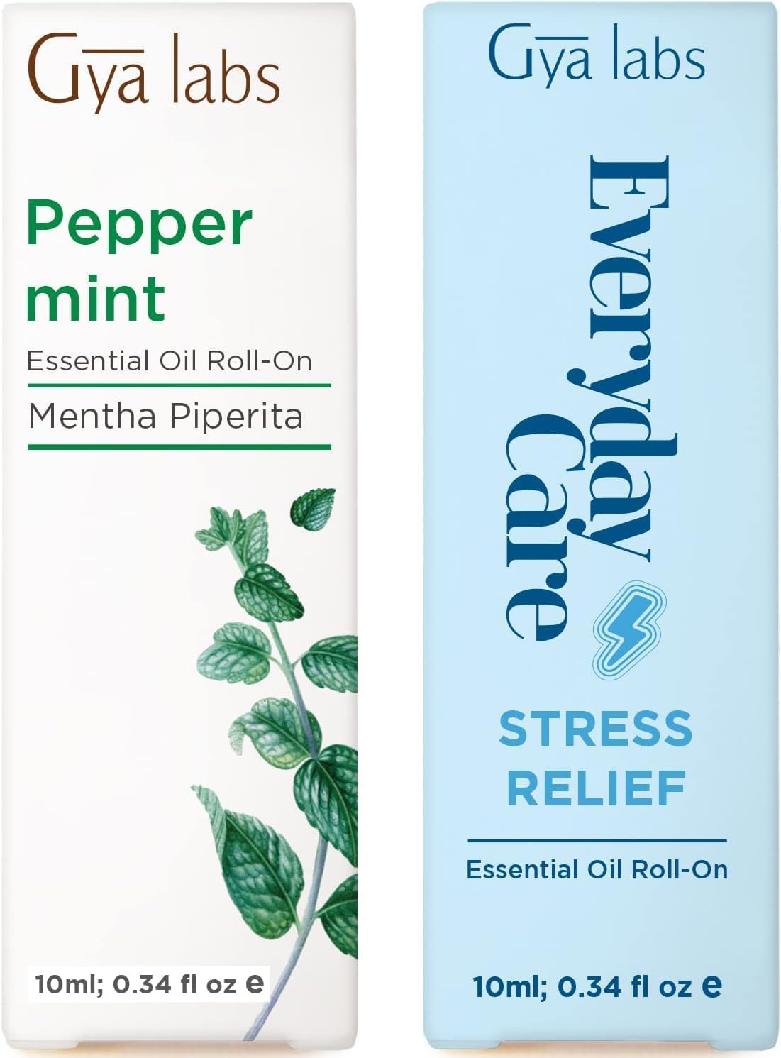 Peppermint & Stress Relief Roll On Set - Aromatherapy Grade Essential Oils Set - 2x0.34 fl oz - Gya Labs