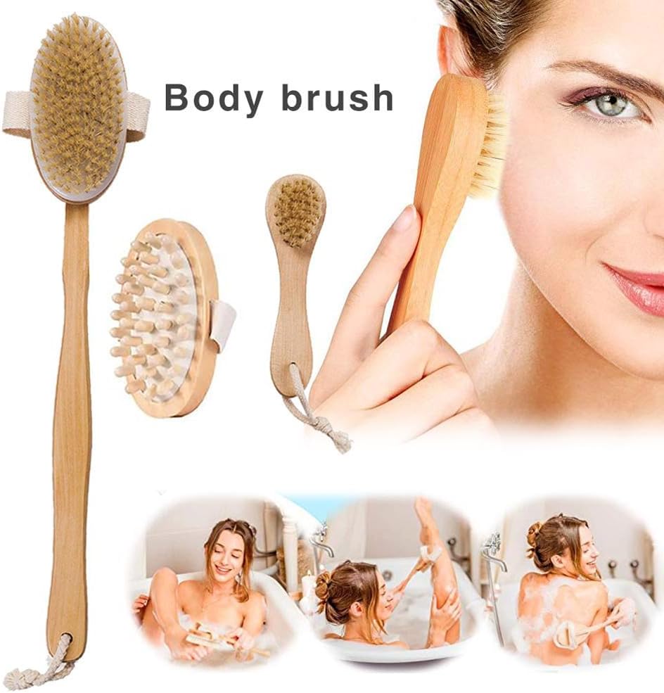 Dry Brushing Body Brush Set, Natural Boar Bristle Dry Brush, Bamboo Exfoliating Body, Face, Foot, Long Handle Back Scrubber Brush for A Glowing Skin, 5 Pack