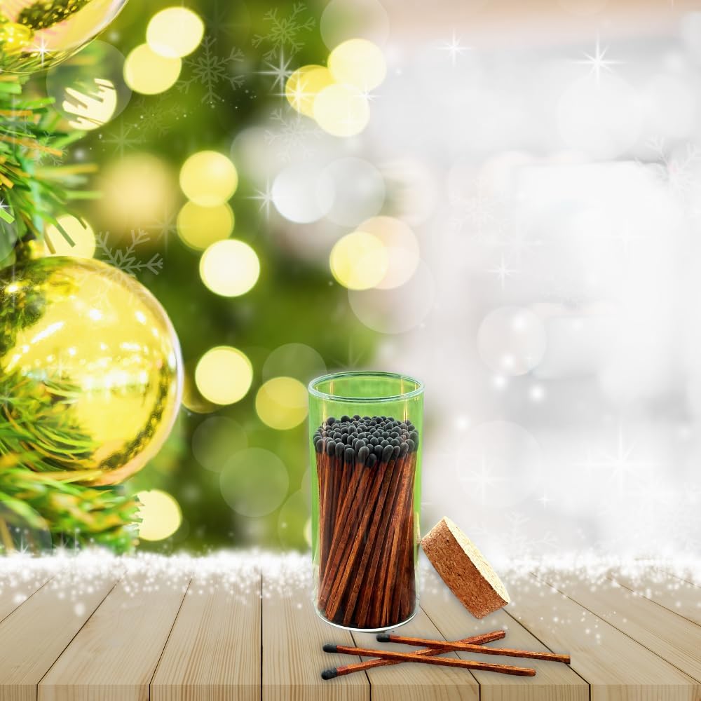 Decorative Matches in a Glass Jar | 4" Espresso Long Matches (100 match sticks) + Cork Top Glass Holder + Striker Stickers | Gifts, Décor, & Candle Accessories | by Thankful Greetings, USA
