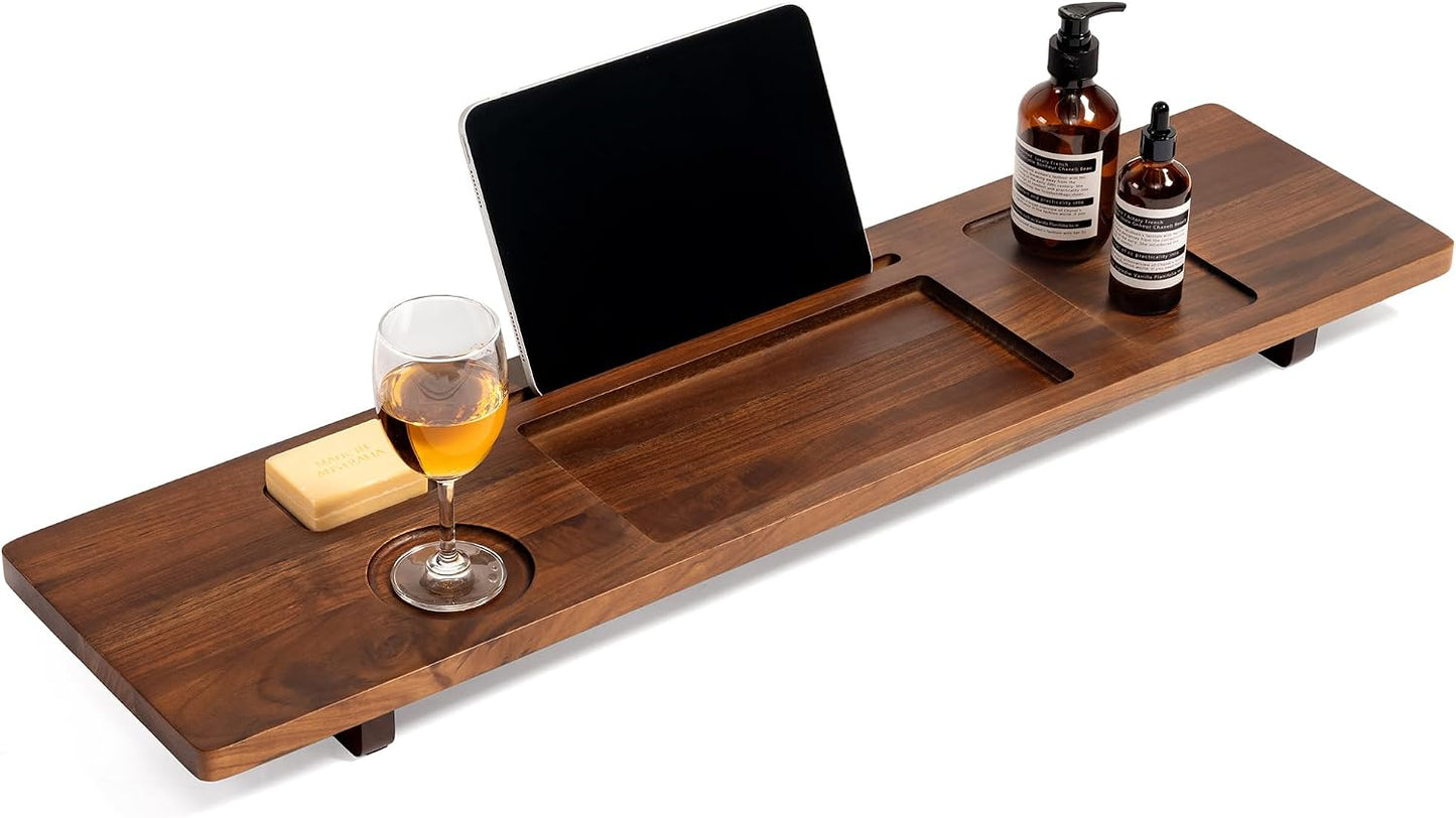 Teak Bathtub Tray for Freestanding Tubs - 35" Heavy-Duty Luxury Bath Caddy, Non-Slip Zero-Wobble Design, Water-Resistant Spa Organizer with Wine Glass & Phone Holder