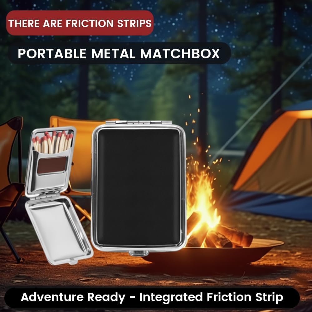 2 Pcs Portable Metal Match Storage Case with Striker Friction Plate, Reusable Stainless Steel Matchstick Holder Container, Moisture-Resistant One-Button Pocket Box for Camping, BBQ, and Survival Gear
