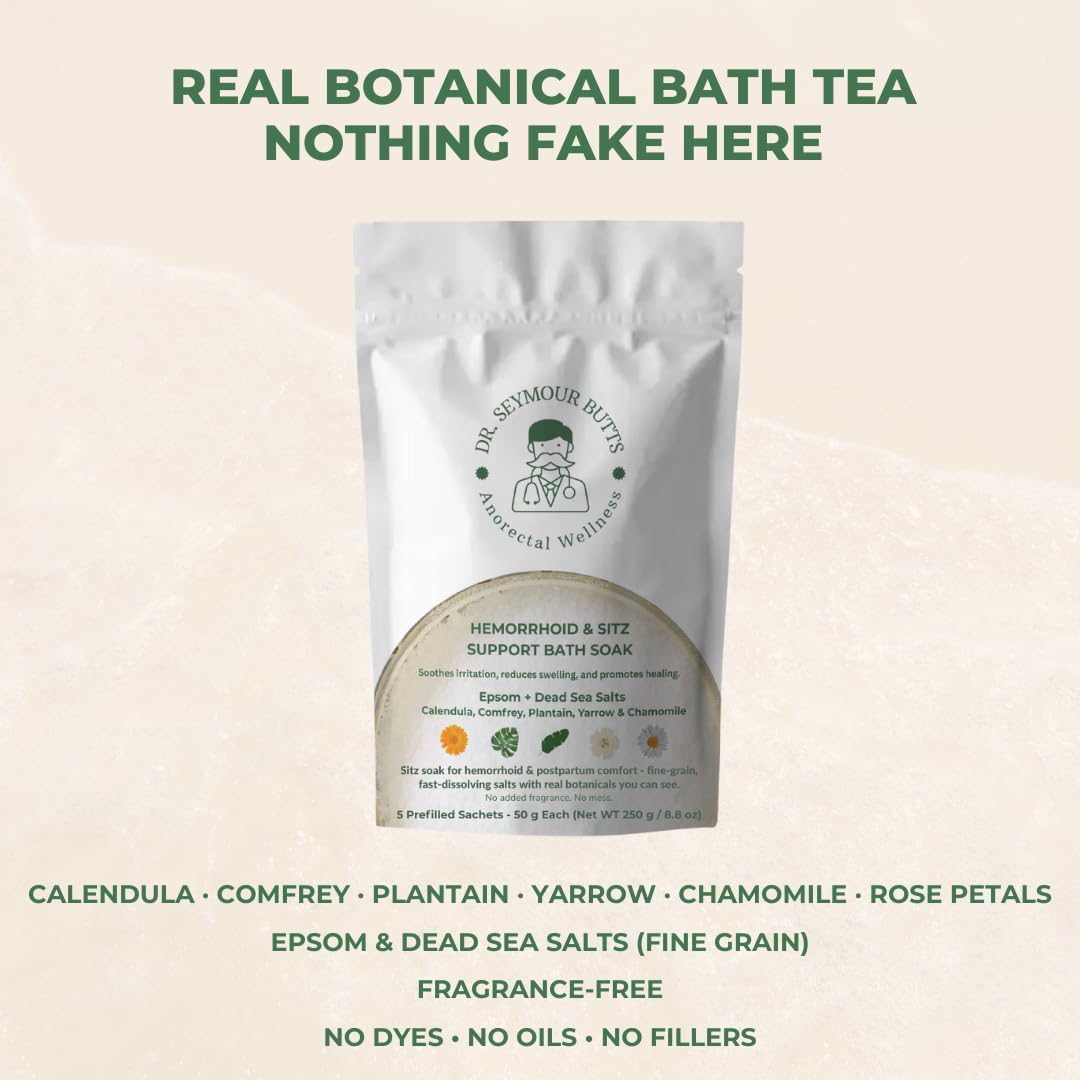 Hemorrhoid & Sitz Bath Support Soak – 5 Prefilled Sachets (50 g Each) | Epsom & Dead Sea Salts with Calendula, Chamomile, Plantain, Yarrow, Comfrey & Rose Petals | Fragrance-Free Comfort Soak