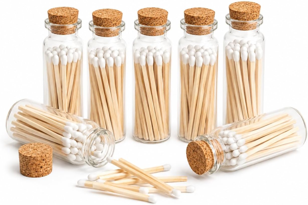 2" White Safety Matches in Glass Jar | Wedding Favor Bottles | 20 Matchsticks per Bottle, Cork Top & Striker, Decorative