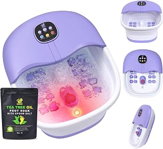 Foot Spa Bath Massager with Heat Bubbles and Vibration Massage and Jets, 16OZ Tea Tree Oil Foot Soak Epsom Salt, Collapsible Foot Bath Spa Bucket with Infrared Light & Remote Control - Purple