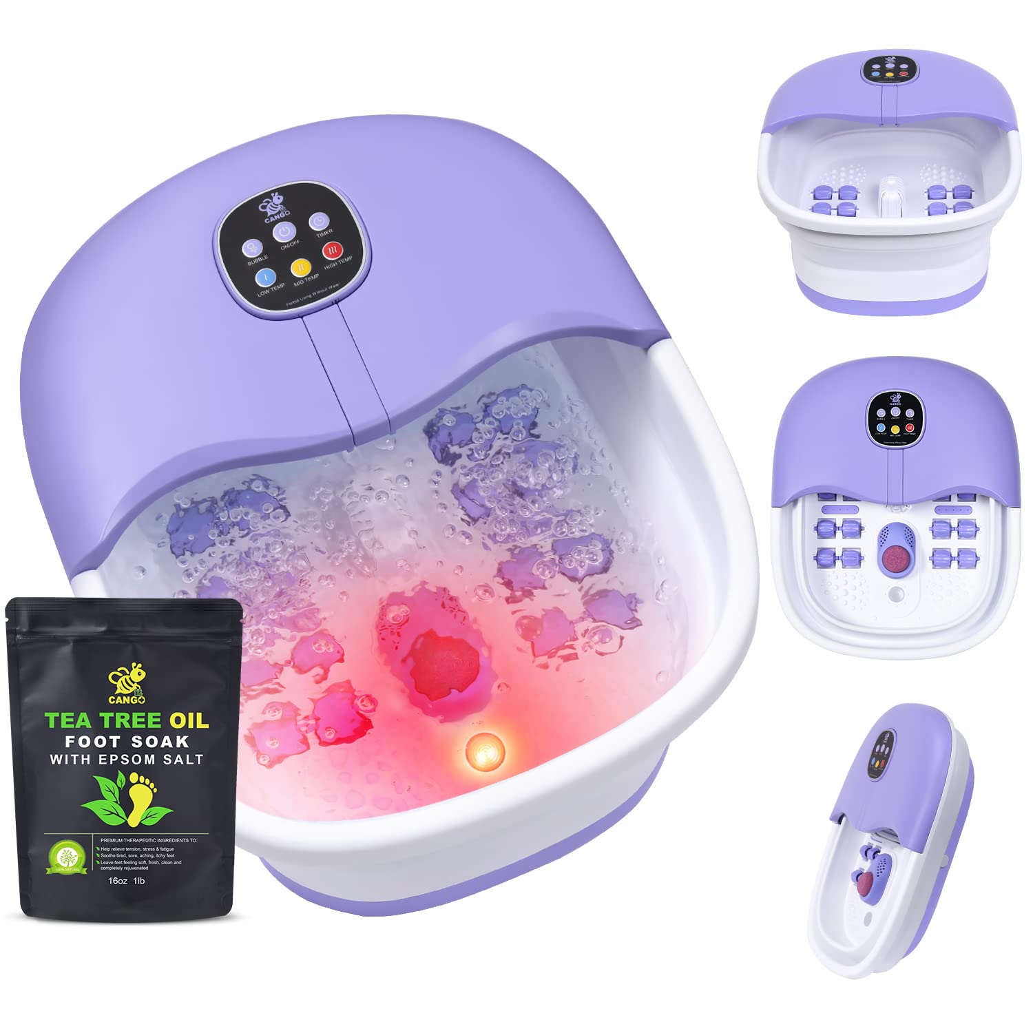 Foot Spa Bath Massager with Heat Bubbles and Vibration Massage and Jets, 16OZ Tea Tree Oil Foot Soak Epsom Salt, Collapsible Foot Bath Spa Bucket with Infrared Light & Remote Control - Purple