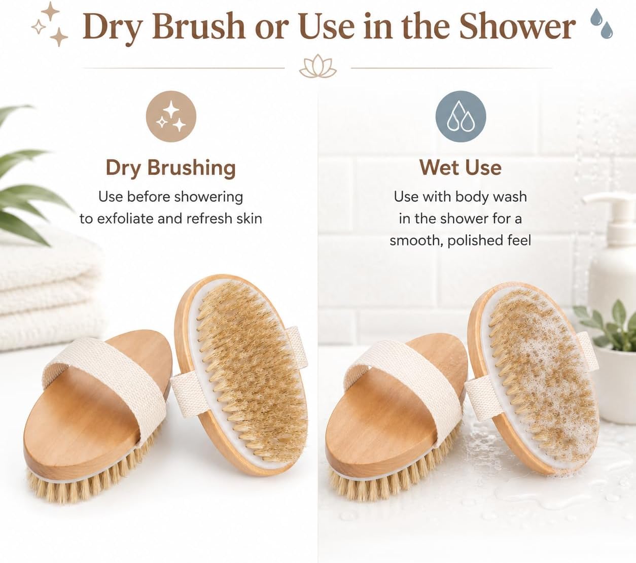 OPAZ Dry Body Brush 2 Pack, Natural Boar Bristle Exfoliating Body Brush for Dry Brushing, Handheld Shower Brush Scrubber with Wooden Handle & Cotton Strap, Skin Exfoliator Brush for Women and Men