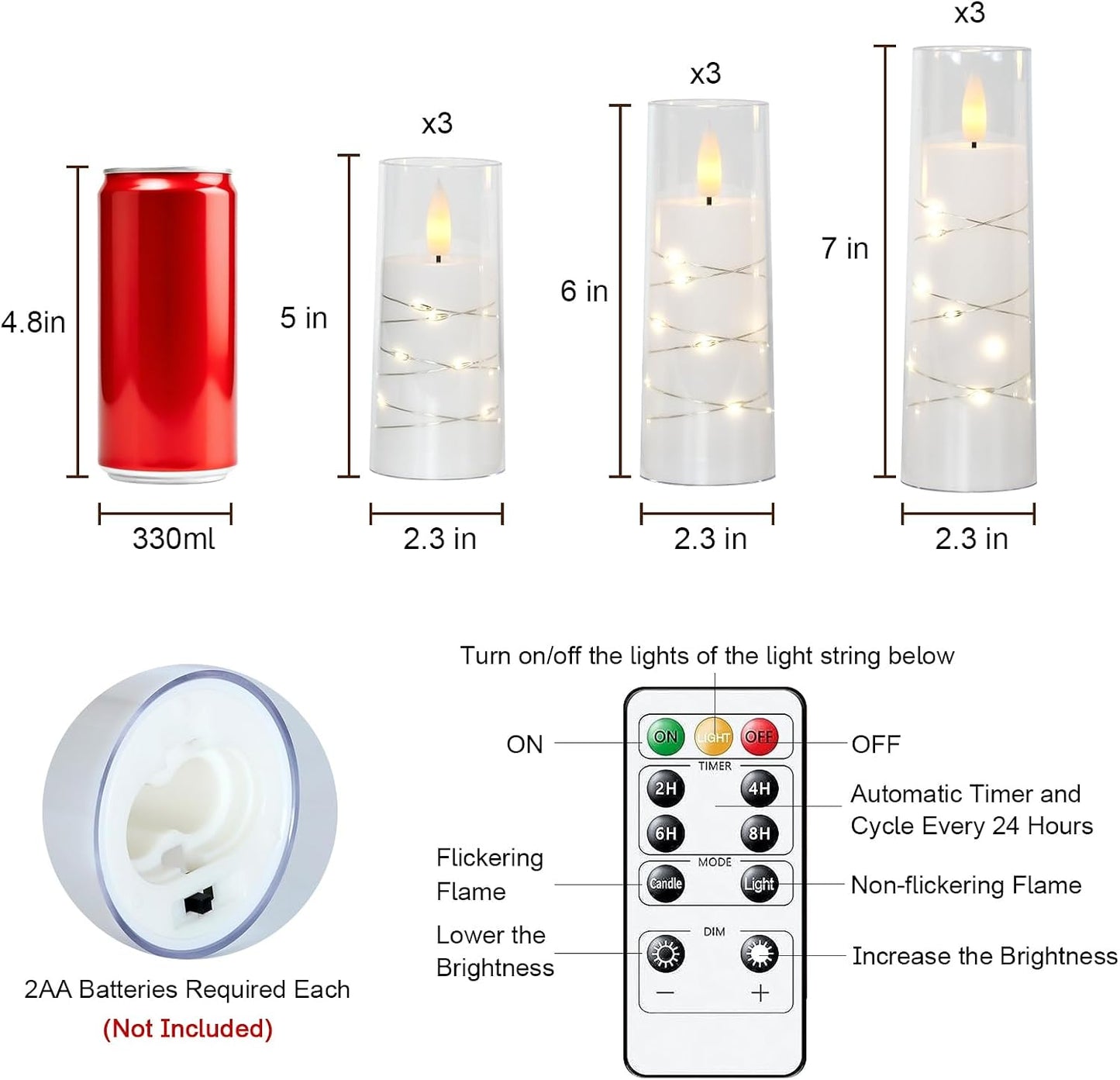 Raycare Flameless Candle with Remote Timer – 9 Flickering Acrylic Battery Operated LED Pillar Candles with Embedded Star String for Christmas, Wedding, Home Table Decor, and as a Gift (White)