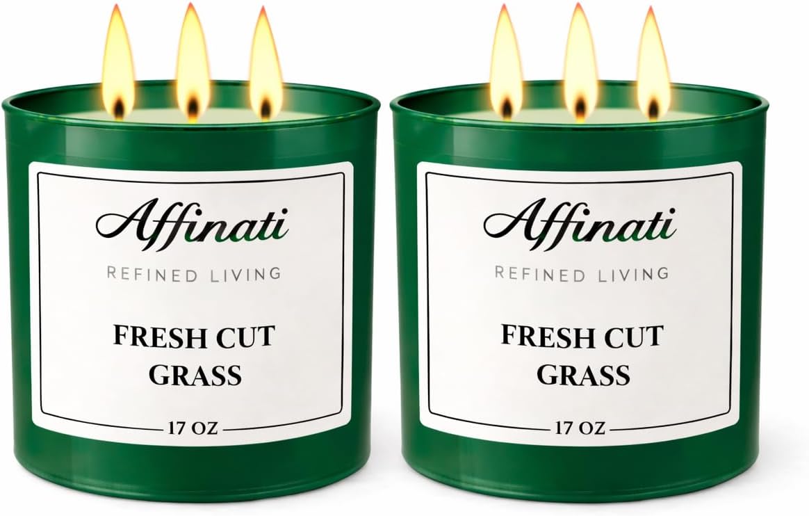 Affinati Fresh Cut Grass 3-Wick Scented Candle 2-Pack – Premium Soy Blend Candles, Strong Scent Throw, Long Burn Time, Home Fragrance Gift Set