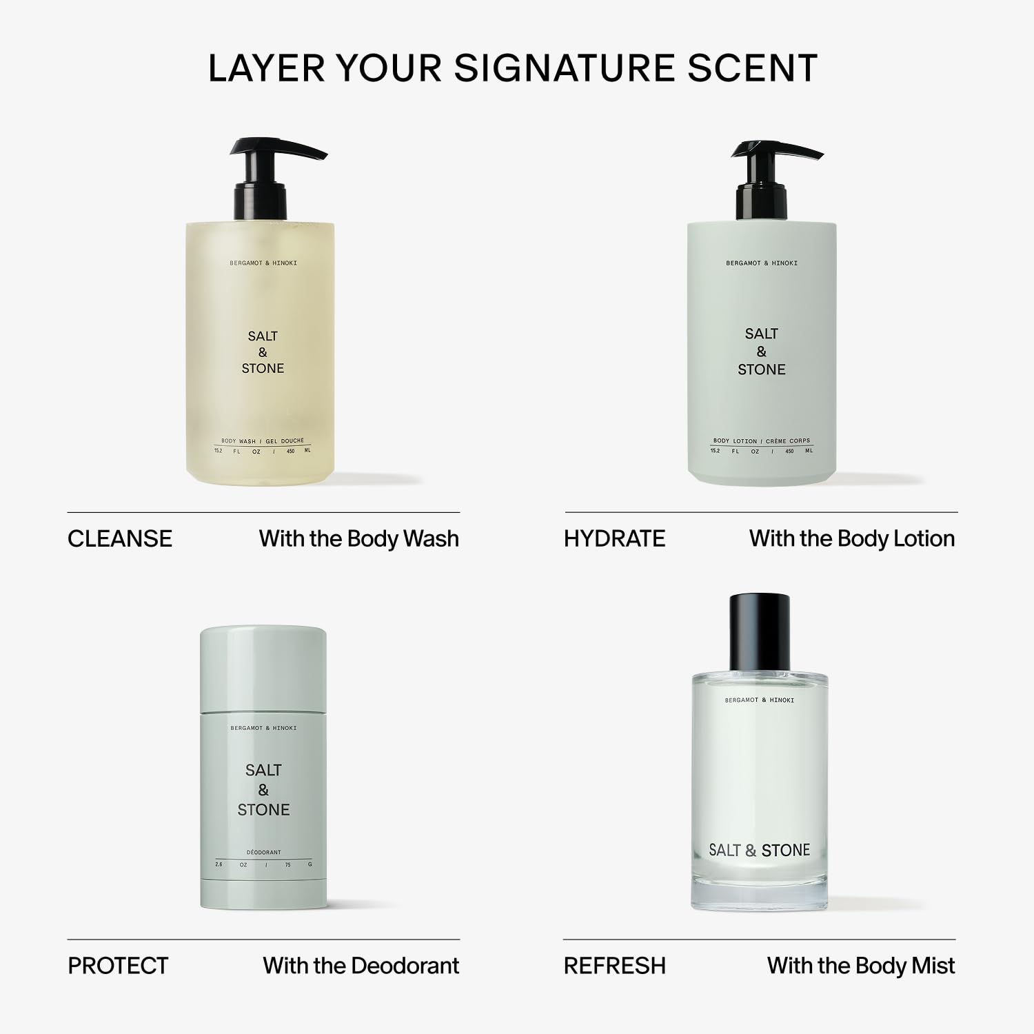 Salt & Stone Body Wash with Antioxidants for Deep Moisture | For Women & Men, Sulfate, Paraben, & Dye Free, Leaving Skin Soft and Hydrated | Bergamot & Hinoki 15.2 fl oz
