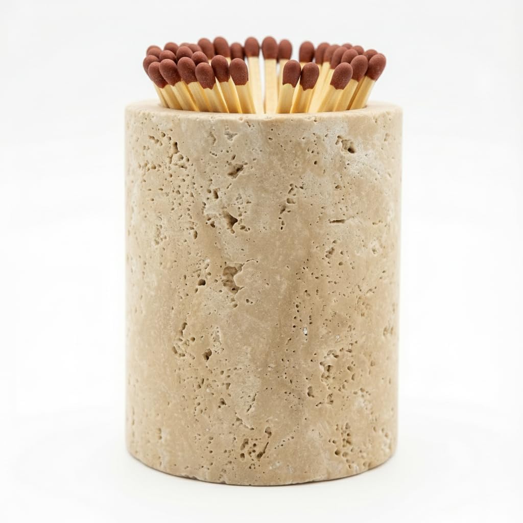 Match Holder with Striker Travertine Match Jar Decorative 2.5” x 3” Matchstick Organizer for Fireplace, Candles, Parlor Cute Match Jar for Home Decor Gift, Matches Not Included