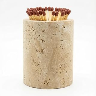 Match Holder with Striker Travertine Match Jar Decorative 2.5” x 3” Matchstick Organizer for Fireplace, Candles, Parlor Cute Match Jar for Home Decor Gift, Matches Not Included