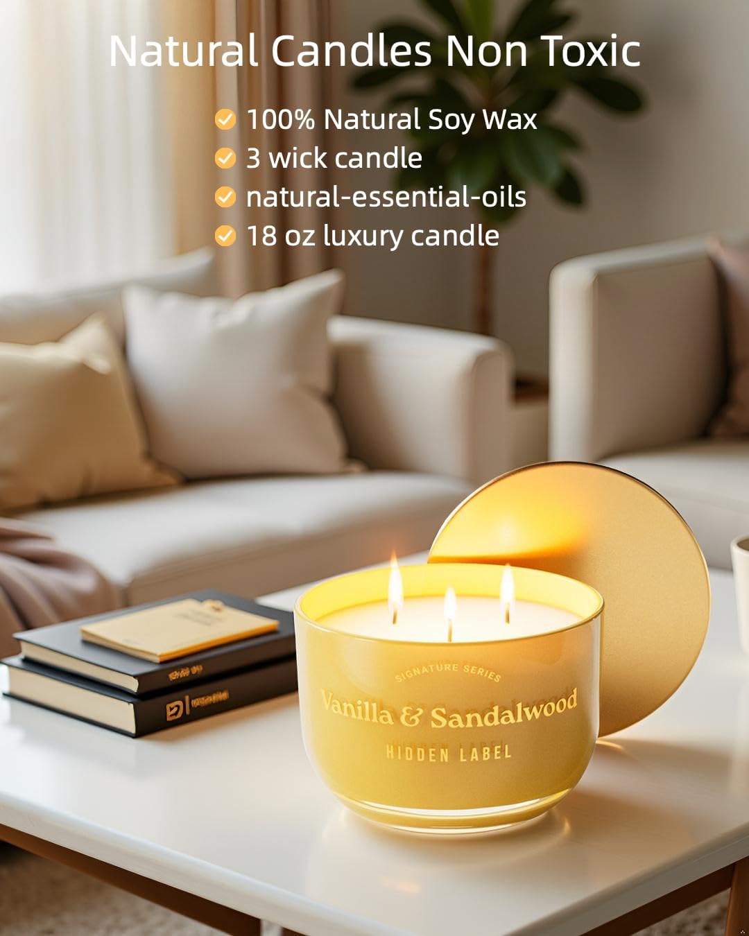 Hidden Label Vanilla Sandalwood Scented Candle, 18oz Large 3 Wick Natural Soy Wax Candle, 70 Hours Burn Time Non Toxic Aromatherapy Candle for Home, Luxury Home Décor & Gift for Women