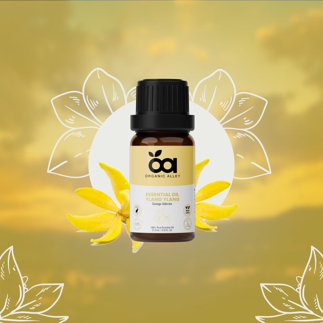Ylang Ylang Essential Oil by Organic Alley | Pure, Undiluted, Therapeutic Grade – Romantic Floral Scent for Diffuser, Stress Relief, Hair & Skin Care – Cananga Odorata – 0.33 Fl Oz