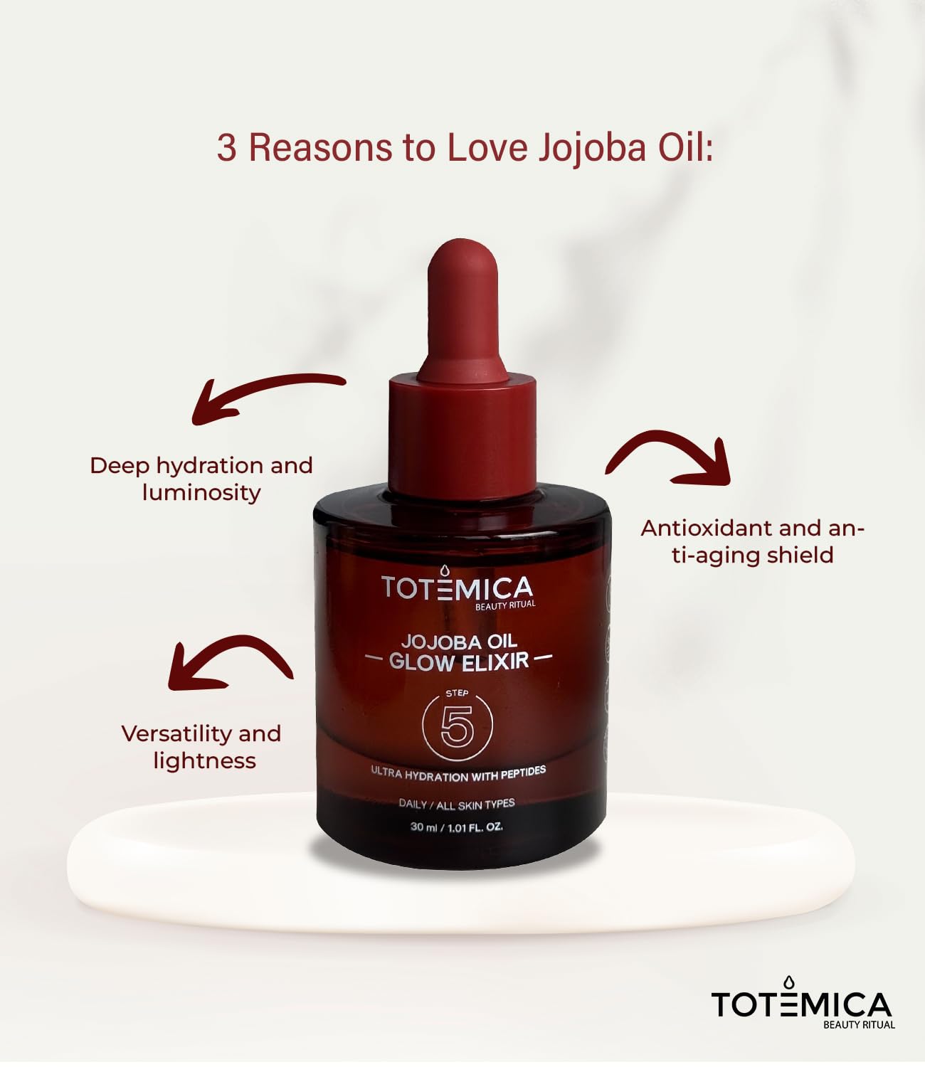 TOTEMICA Organic Jojoba Oil Glow Elixir – Hydrating & Anti-Aging face oil with Peptides | Vegan & Non-Comedogenic facial oil & moisturizing body oil for skin oil & hair oil (1.01 Fl Oz)