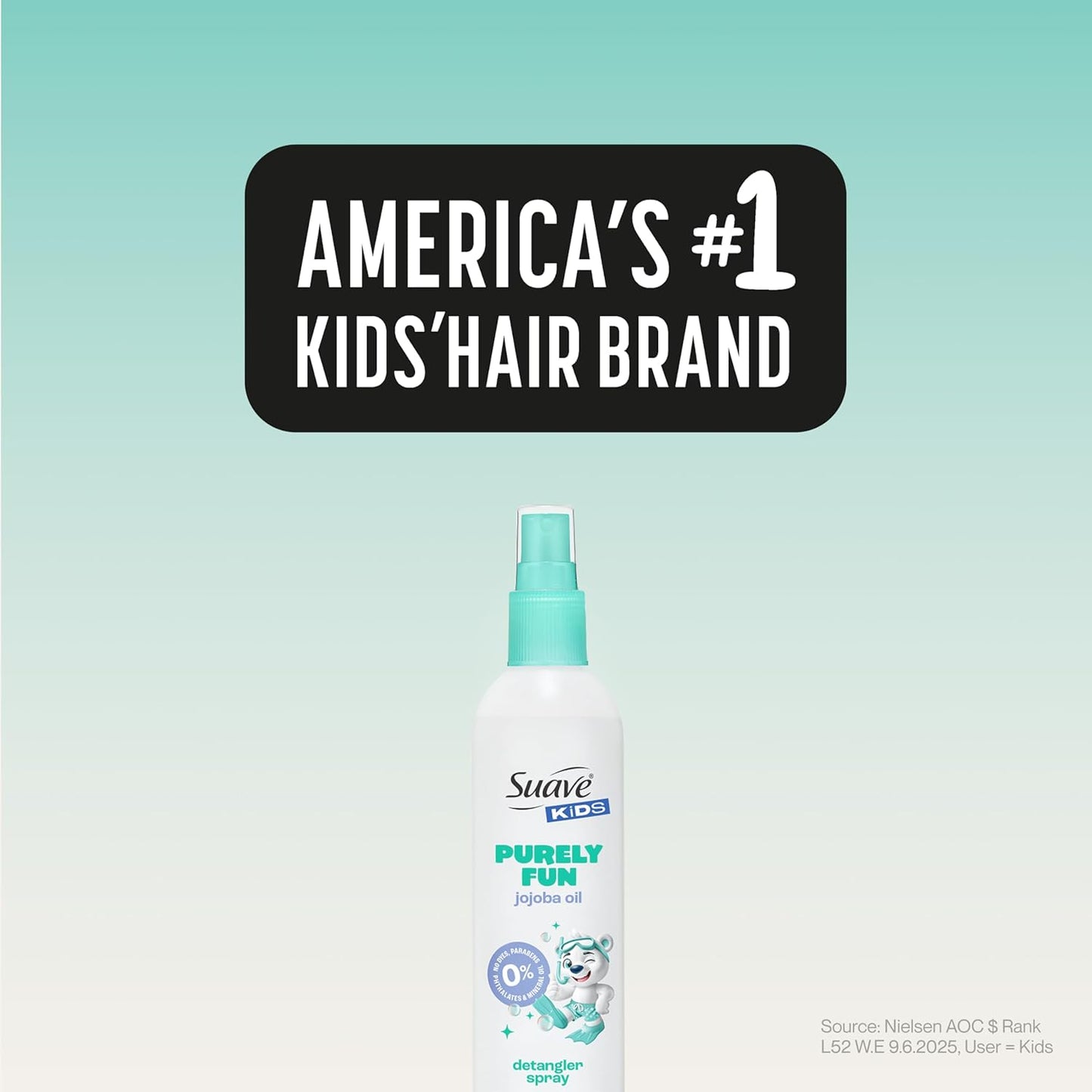 Suave Kids Purely Fun Jojoba Oil Conditioning Detanger Spray, with 100% natural Jojoba Oil, 0% dyes, parabens, phthalates, and mineral oil, Tear Free 10 oz